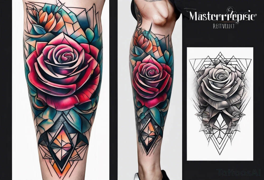 knee tattoo with geometry, roses and swirl washes in background tattoo idea