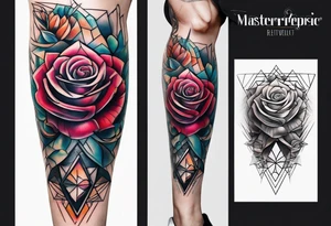 knee tattoo with geometry, roses and swirl washes in background tattoo idea
