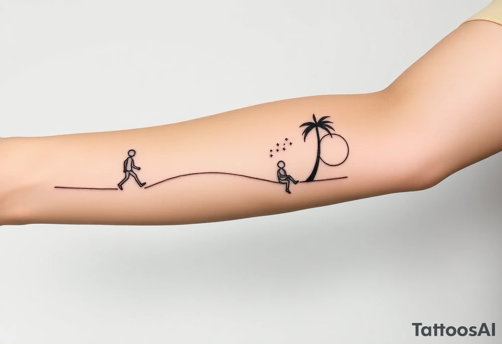 Create a minimalist tattoo design that wraps around the upper right arm, just below the armpit and above an existing blackwork sleeve.

Design Flow:

The tattoo is connected by a thin, continuous line that wraps around the arm.

On the outer/front arm, place a small, minimal walking figure on the line, moving forward. The line should have a gentle wave under his steps to create movement.

The line continues to the inner arm, where a boy is sitting on the line (with his back to the viewer, legs dangling below the line).

To the right of the boy, place a slightly leaning palm tree growing from the line.

Behind or beside the tree, include a minimal sun, low on the horizon (simple circle or half-sun).

In the space above, softly scatter minimalist stars, mostly dots, with 2–3 sparkles or tiny diamond shapes.

Style Notes:

Keep everything in fine line / minimalist style, no heavy shading

Design should feel light, dreamy, and reflective — symbolizing balance between stillness and motion

Line should echo the flow of the existing tribal/blackwork arm band below, but not mimic or clash with it

The boy should sit directly under the palm and with the back to the viewer and the feet hanging from the line tattoo idea