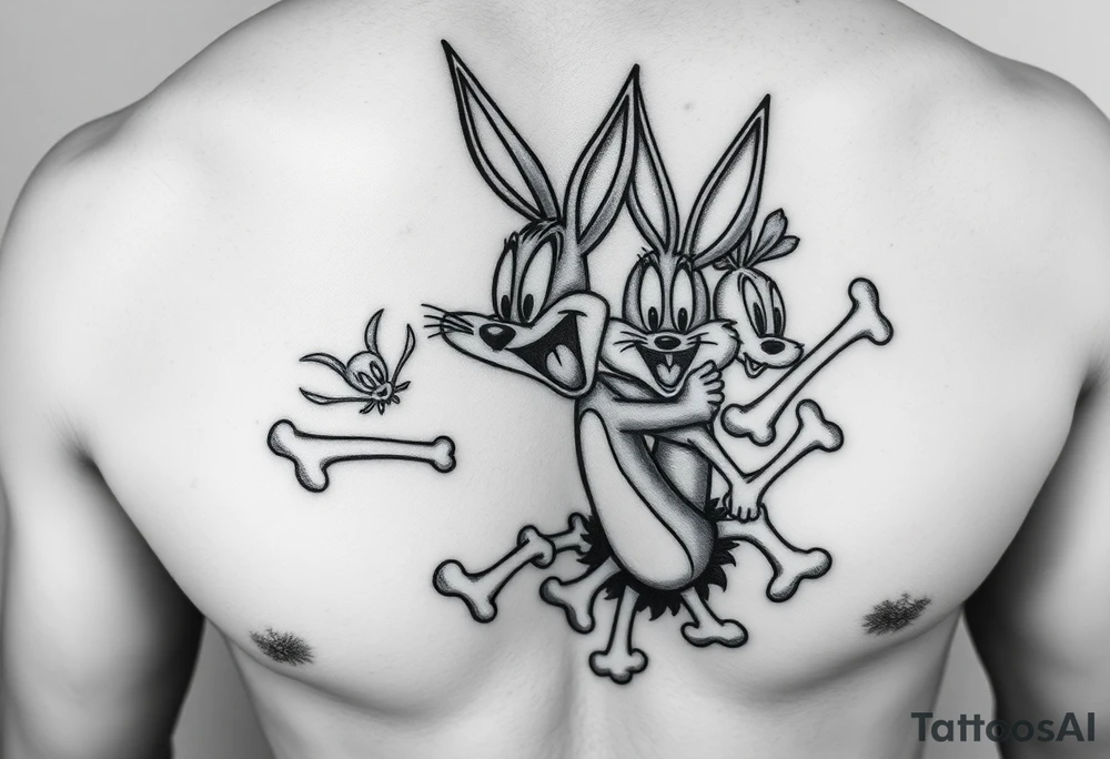 i want the looney toons breaking out of right rib cage and as their body parts exit they turn to bones (representing my four kids 3 boys 1 girl) taz, bugz, tweety, lola tattoo idea