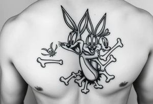 i want the looney toons breaking out of right rib cage and as their body parts exit they turn to bones (representing my four kids 3 boys 1 girl) taz, bugz, tweety, lola tattoo idea