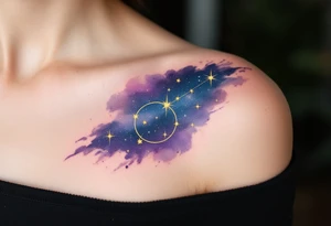A celestial-themed tattoo combines the Libra star constellation in gold with a cosmic sky in navy and purple hues. tattoo idea