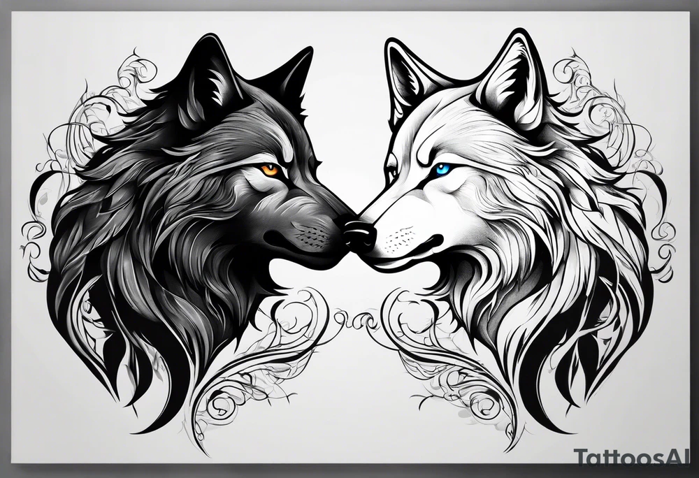 black wolf and white wolf in a ying yang style tattoo idea