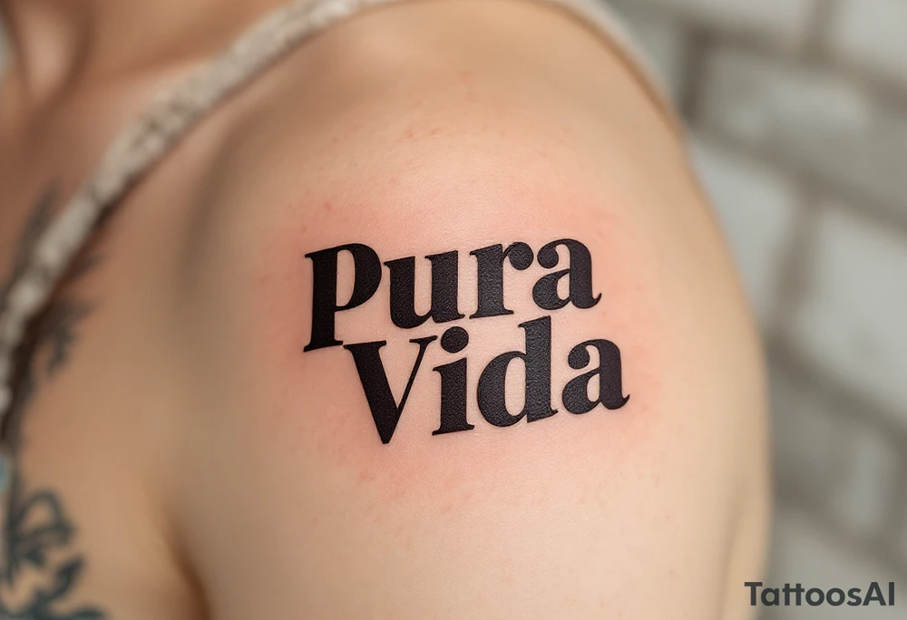 Bold serif “Pura Vida” in dark brown ink with palm tree silhouettes in deep green and sandy beige. tattoo idea
