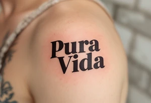 Bold serif “Pura Vida” in dark brown ink with palm tree silhouettes in deep green and sandy beige. tattoo idea