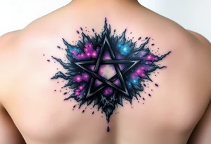 A darkened pentagram encased in swirling cosmic dust, with radiant purple, blue, and pink nebulae. tattoo idea