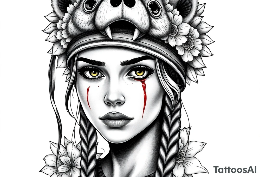 Young Symmetrical Beautiful Woman, looking forward, with colored eyes, shedding a tear, with battle scars and blood on face, with soft look, wearing a mean looking bear headdress on head, with flower background tattoo idea