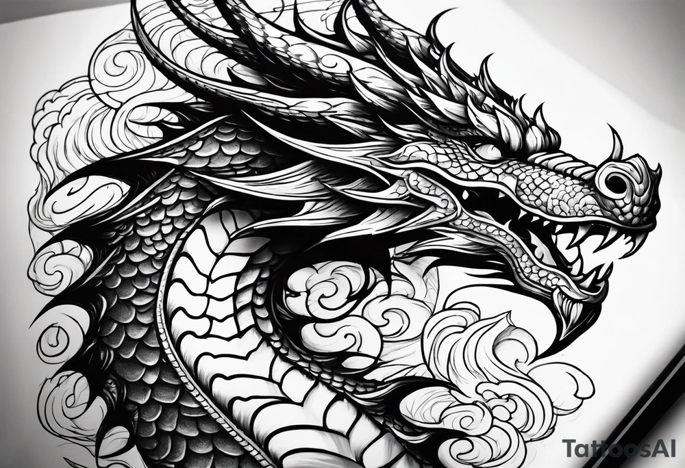 An ornate dragon breathing fire, with intricate scales and a fierce expression, symbolizing power and protection.” tattoo idea