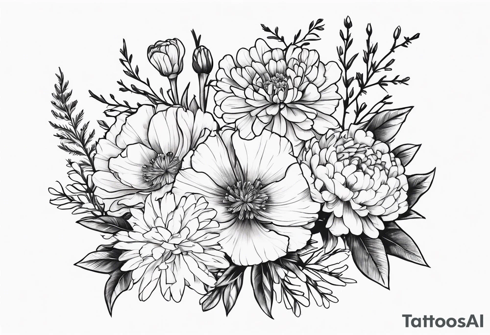 Bouquet with carnation, larkspur, chrysanthemum tattoo idea