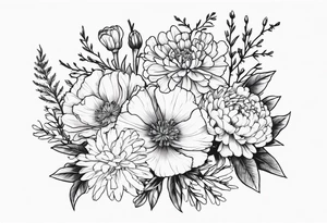 Bouquet with carnation, larkspur, chrysanthemum tattoo idea