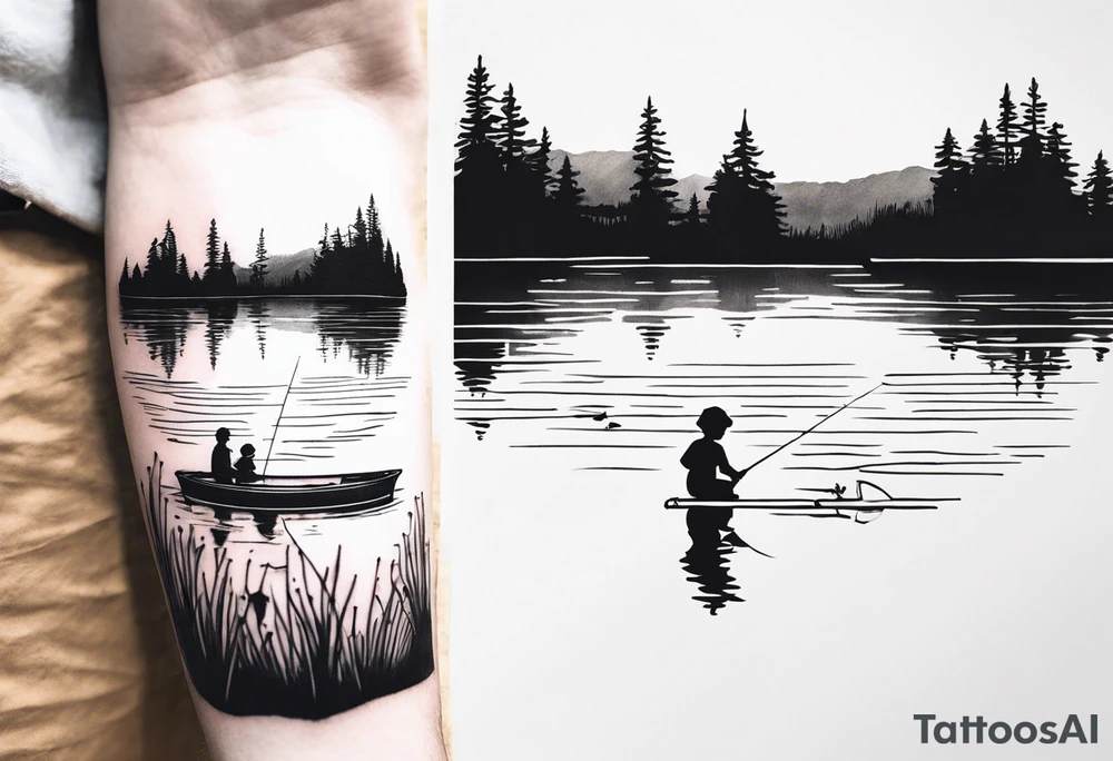forearm tattoo set on a lake. At the bottom of the tattoo there is a boat dock with a little boy fishing and a little girl reading. There are trees surrounding the lake. tattoo idea