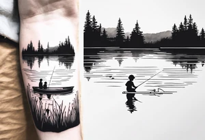 forearm tattoo set on a lake. At the bottom of the tattoo there is a boat dock with a little boy fishing and a little girl reading. There are trees surrounding the lake. tattoo idea