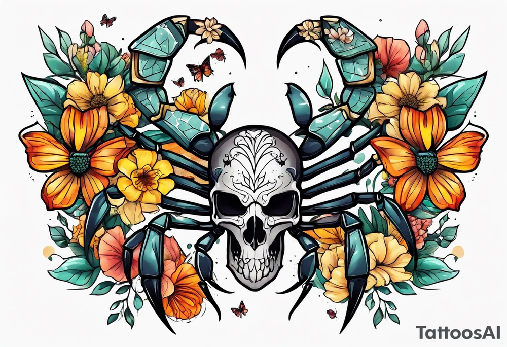 Large scorpion with a skull, flowers, and butterflies tattoo idea