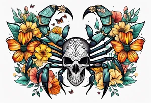 Large scorpion with a skull, flowers, and butterflies tattoo idea