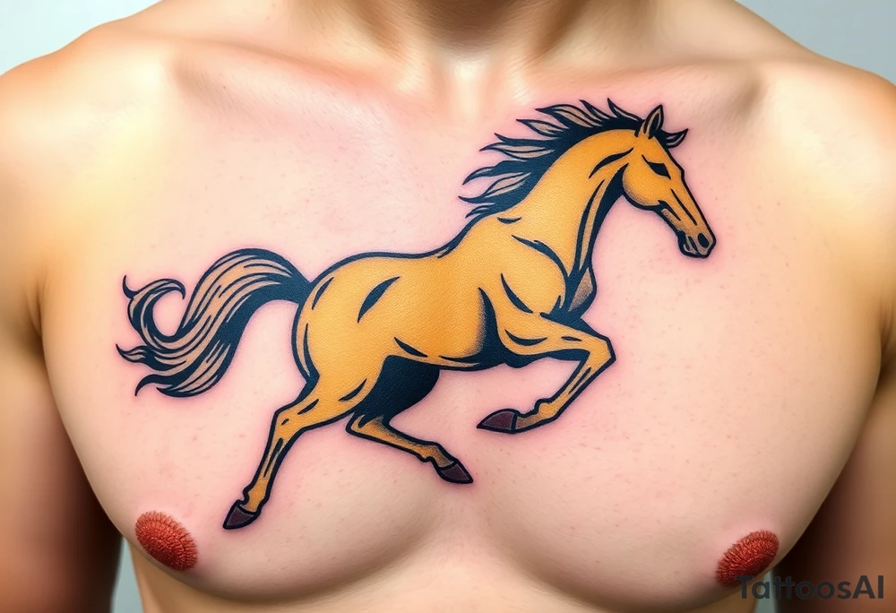 The tattoo represents a supernatural encounter with a golden horse with jet-black fur in the mountains of Choquequirao (Cusco, Peru). This mysterious, fleeting horse symbolizes strength, energy, and spiritual rebirth. It appeared at full speed, its hooves shaking the ground, its breath so powerful it drowned out all other sounds. The narrator felt no fear, only awe as the horse took a perfect curve, muscles tense, radiating power and grace. Its presence transformed the narrator, giving them the energy to complete an exhausting trek and leaving them with a profound connection to something greater. The tattoo aims to capture the essence of this moment: strength, speed, beauty, and the spirit of the mountain. tattoo idea