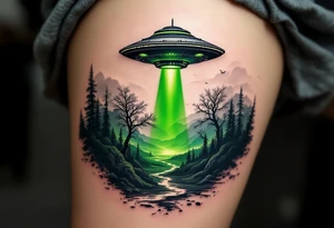 A UFO hovering over a realistic landscape, casting a green in deep black, green, and subtle silver tones. tattoo idea