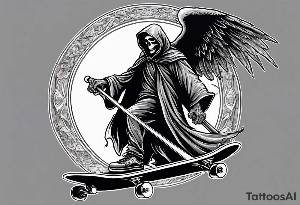 the grim reaper riding a skateboard with an angel halo above his head tattoo idea