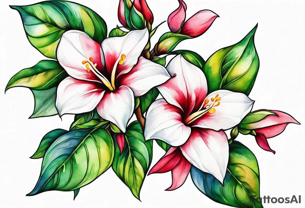 white background, abstract mandevilla flowers on a vine, part of it watercolor, part of it just line work tattoo idea