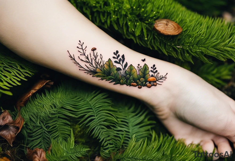 minimalistic forest floor inspired tattoo, which includes grass, moss, curly ferns and dead leaves as the bulk of the tattoo. details to include: forest berries, couple of very small brown mushrooms, a tiny bumblebee flying nearby tattoo idea