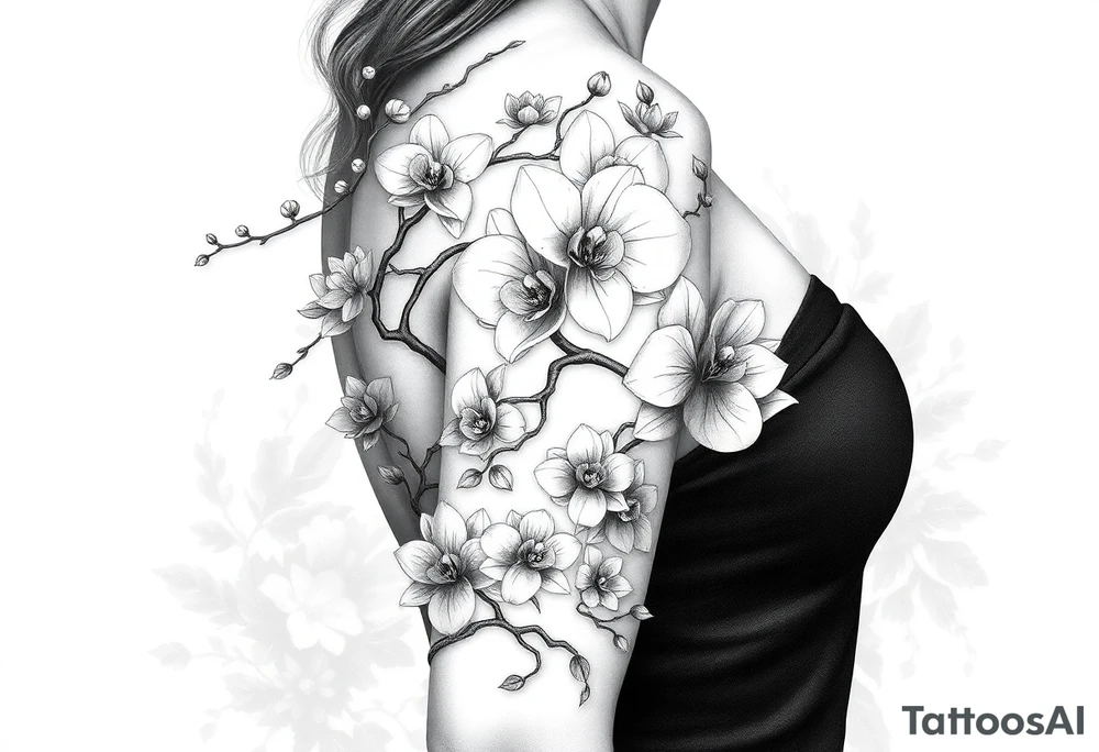 Orchid or cherry blossom tree and lotus and snake and angels on a woman tattoo idea