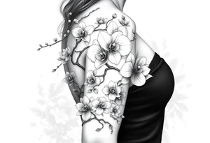 Orchid or cherry blossom tree and lotus and snake and angels on a woman tattoo idea