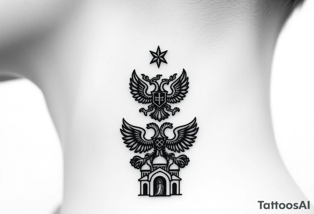 Stacked Vertical Column 

Russian star — small, bold
Middle: Miniature double-headed eagle — simplified, cleaner lines to suit the smaller space
Bottom: Orthodox church dome(s) with a small Virgin Mary silhouette beneath tattoo idea