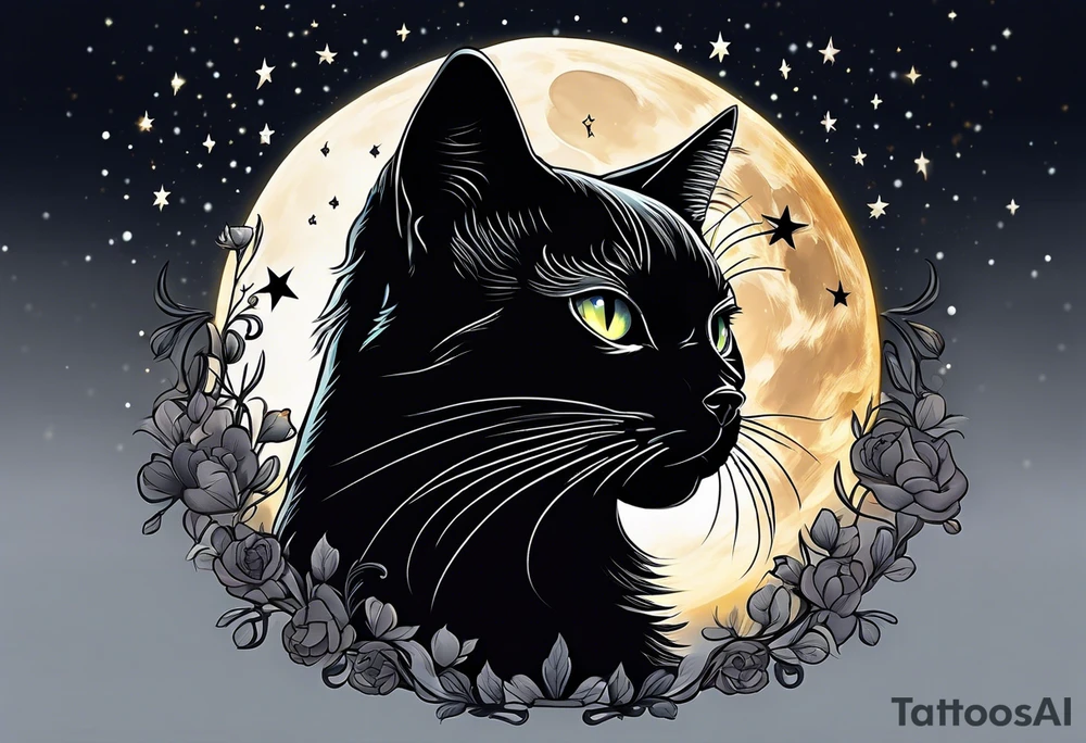 Photo realistic black cat head with moon and stars tattoo idea