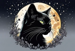 Photo realistic black cat head with moon and stars tattoo idea