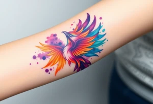 Phoenix in flames with purple, blue, orange, teal and green splashes, looking upwards with angry eye. No black outline. tattoo idea
