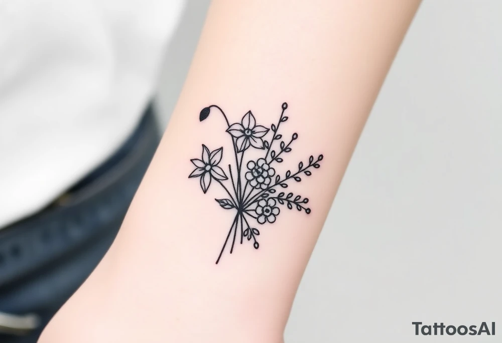 Bouquet of birth months flowers Lilly of the valley, daffodil, larkspur and Ilex aquifolium with berries tattoo idea