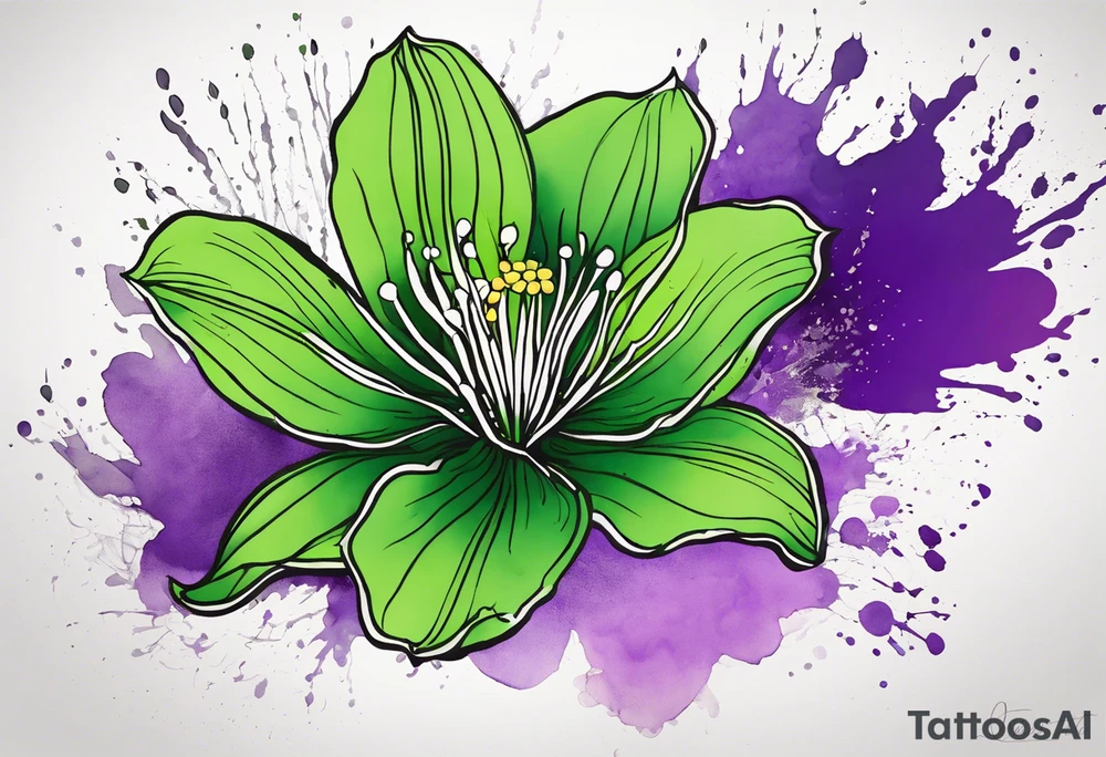 An outline of a green rio dipladenia flower and a green and purple watercolor splash in the background tattoo idea