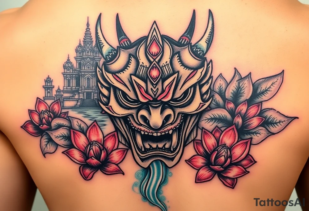 Vicious oni mask with temple in the background and water flowing through it. Lotus flowers. tattoo idea