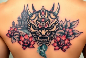 Vicious oni mask with temple in the background and water flowing through it. Lotus flowers. tattoo idea
