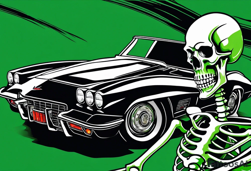 Skeleton smoking a cigarette driving a green 1976 convertible Corvette tattoo idea