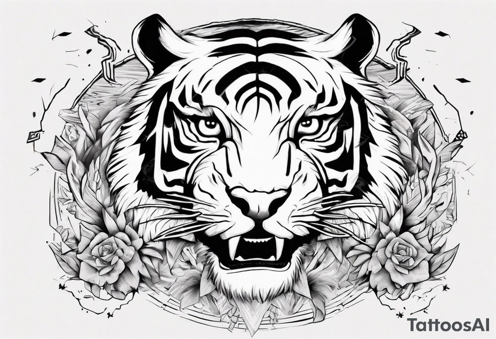 Ancient tiger with lightning and a sun for a forearm sleeve. With patterns surrounding it tattoo idea