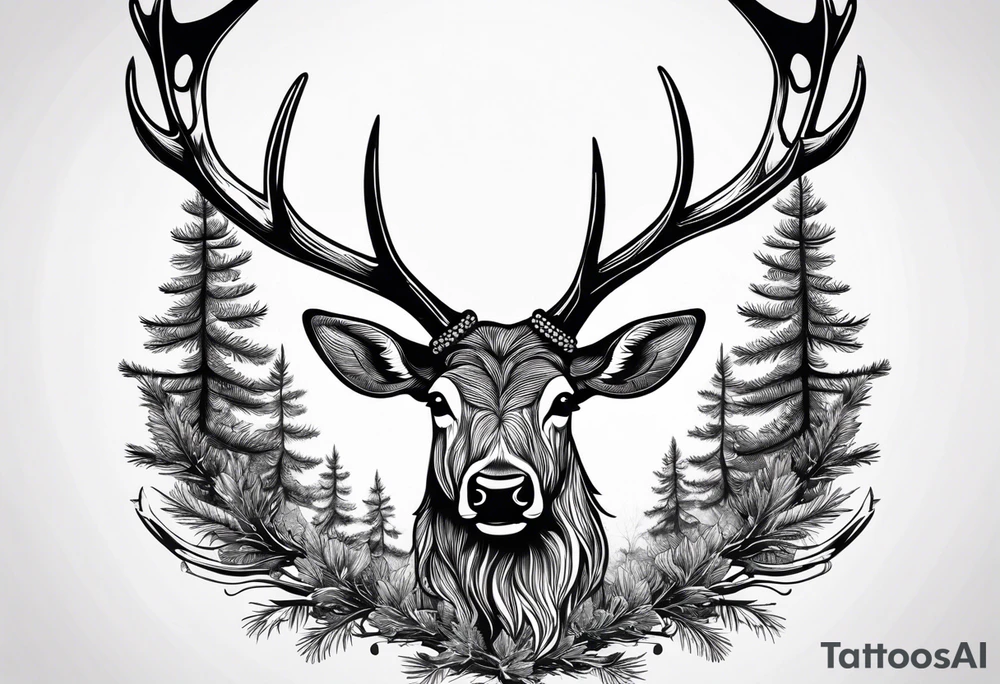 antler with fir tree tattoo idea