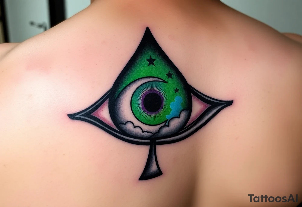 Large outline of an eye almond shaped with the eyeball part shaped like an ace of spades + eyecolor greenish blue with a crescent moon stars and clouds inside of the spade eyeball using vivid colora like green purple and blue tattoo idea