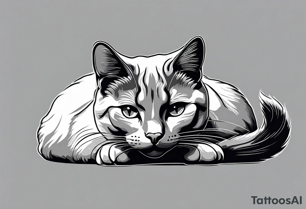 Simple line drawing of a grey cat white some small white patches on her belly and white paws. Face is all grey.  I want her curled up sleeping. tattoo idea