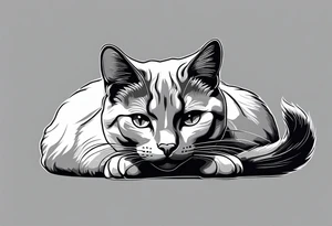 Simple line drawing of a grey cat white some small white patches on her belly and white paws. Face is all grey.  I want her curled up sleeping. tattoo idea
