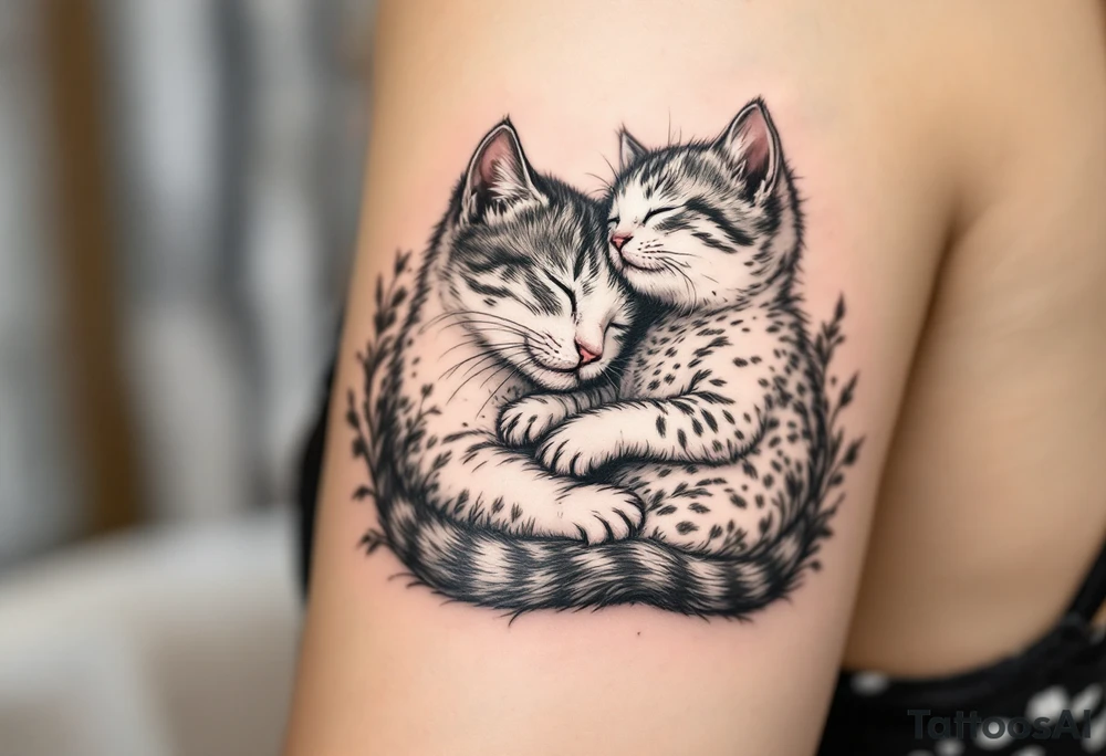 A cat and kitten in black ink intertwined in sleep represents warmth, trust, and quiet love. tattoo idea