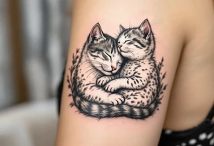 A cat and kitten in black ink intertwined in sleep represents warmth, trust, and quiet love. tattoo idea