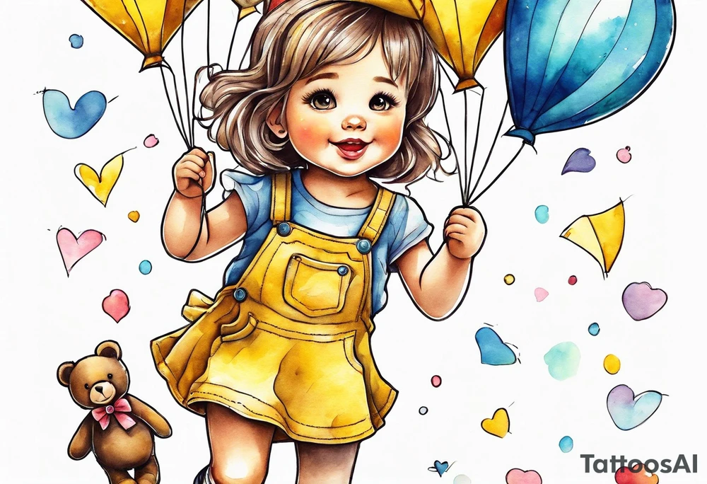 a little girl in a dress & a teddy bear in roller skates and yellow overalls, flying kites tattoo idea