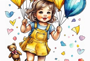 a little girl in a dress & a teddy bear in roller skates and yellow overalls, flying kites tattoo idea