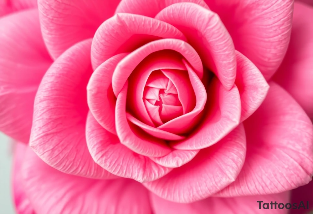 The pink rose appears as if viewed through a mesmerizing kaleidoscope, with its delicate petals radiating outward in a perfectly symmetrical, fractal-like pattern. Shades of soft blush and vibrant magenta blend seamlessly, creating a hypnotic, almost surreal visual effect that draws the eye deeper into its intricate layers. The petals seem to fold and reflect infinitely, forming geometric shapes that shift and transform, giving the rose an ethereal, dreamlike quality. tattoo idea