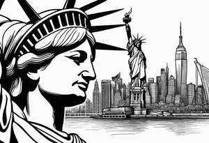 Statute of liberty head in background with new york city skyline in foreground. tattoo idea