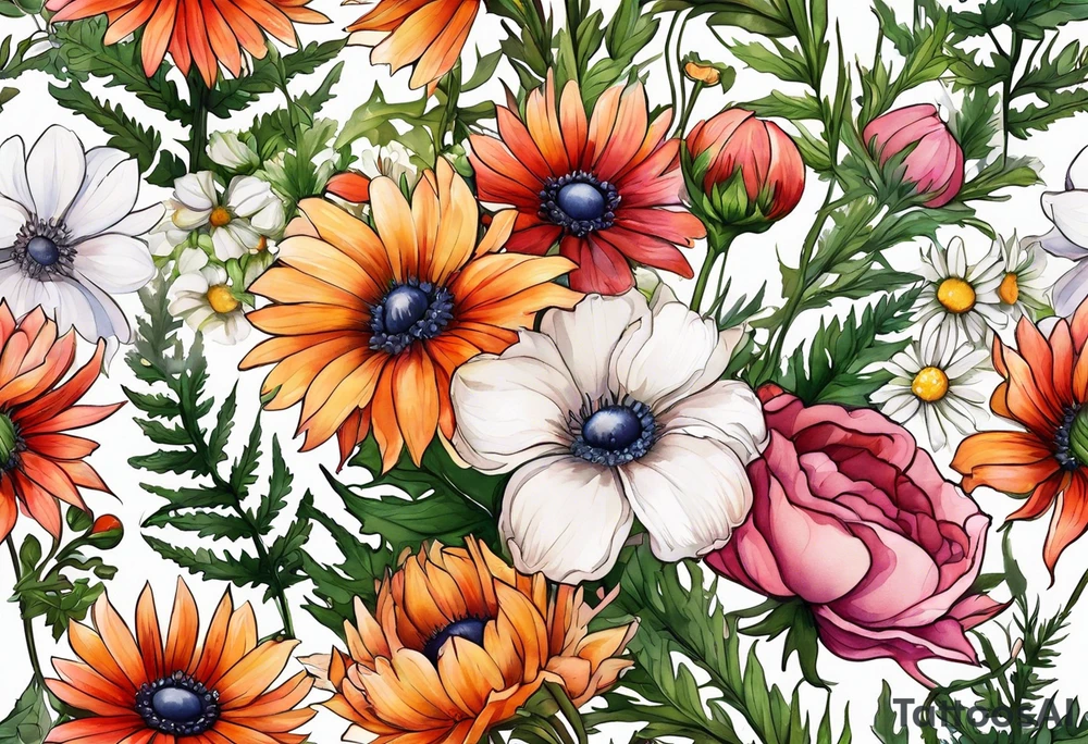 wildflowers with thistles, ferns, white anemones, sun flowers, orange flowers, green flowers, pink flowers, red flowers, berries and babies breath and daisies all in watercolor tattoo idea