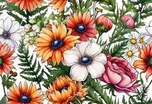 wildflowers with thistles, ferns, white anemones, sun flowers, orange flowers, green flowers, pink flowers, red flowers, berries and babies breath and daisies all in watercolor tattoo idea