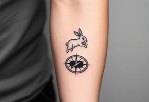 Rabbit jumping on top the compass that looks like a rabbit hole. tattoo idea