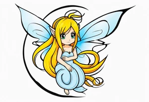 A fairy with a tail inspired by the logo of the show called Fairy Tail in a fetal position leaning in no additional ears or background tattoo idea