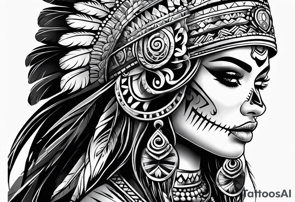 Aztec princess side profile day of the dead tattoo idea